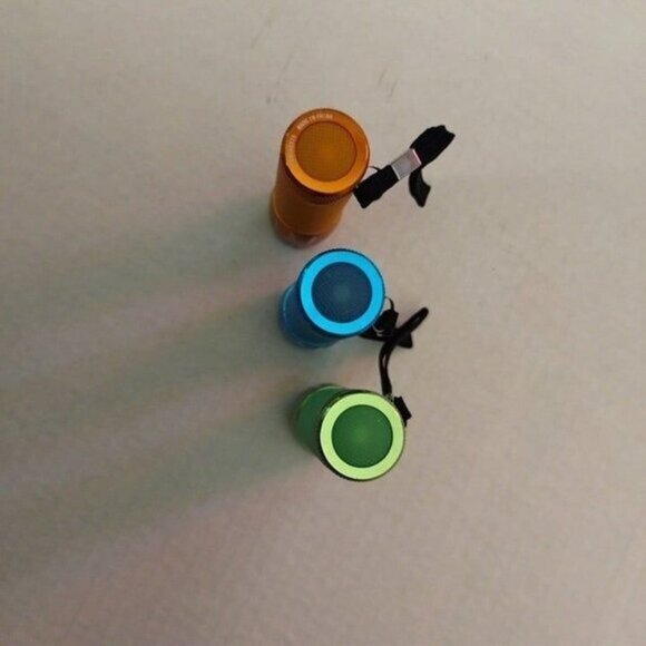 Set Of 3 Mini LED Flashlights With Wrist Straps In Green Blue & Orange Aluminum - Picture 3 of 4